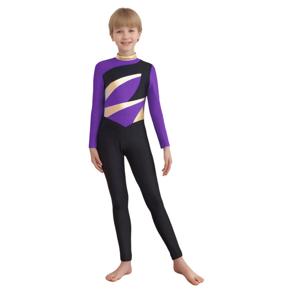 Boys Color Block Gymnastics Jumpsuit Metallic Mock Neck Long Sleeve Back Invisible Zipper Bodysuit