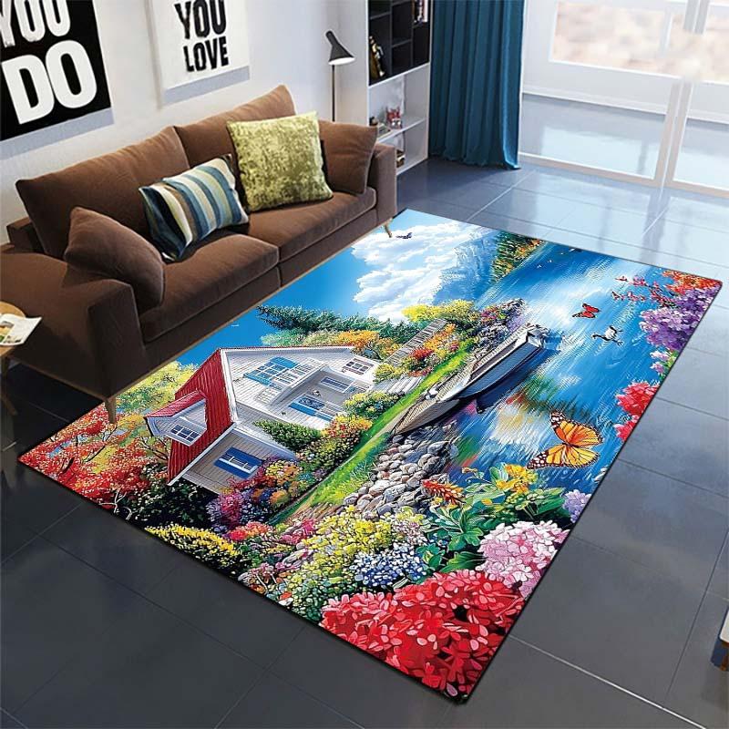 Lake House Flower Garden Area Rug, Scenery Decor Mat