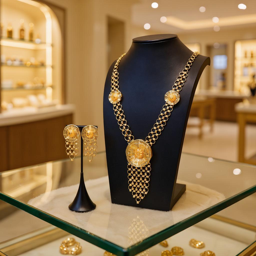 Gold-Plated Flower Tassel Jewelry Set for Women - Middle Eastern Retro Wedding Banquet Necklace and Earrings