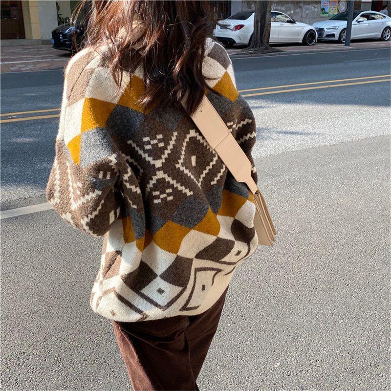 Half High Collar Women's Pullover Sweater Autumn and Winter Loose Diamond Grid Long Sleeved Knitted Sweater