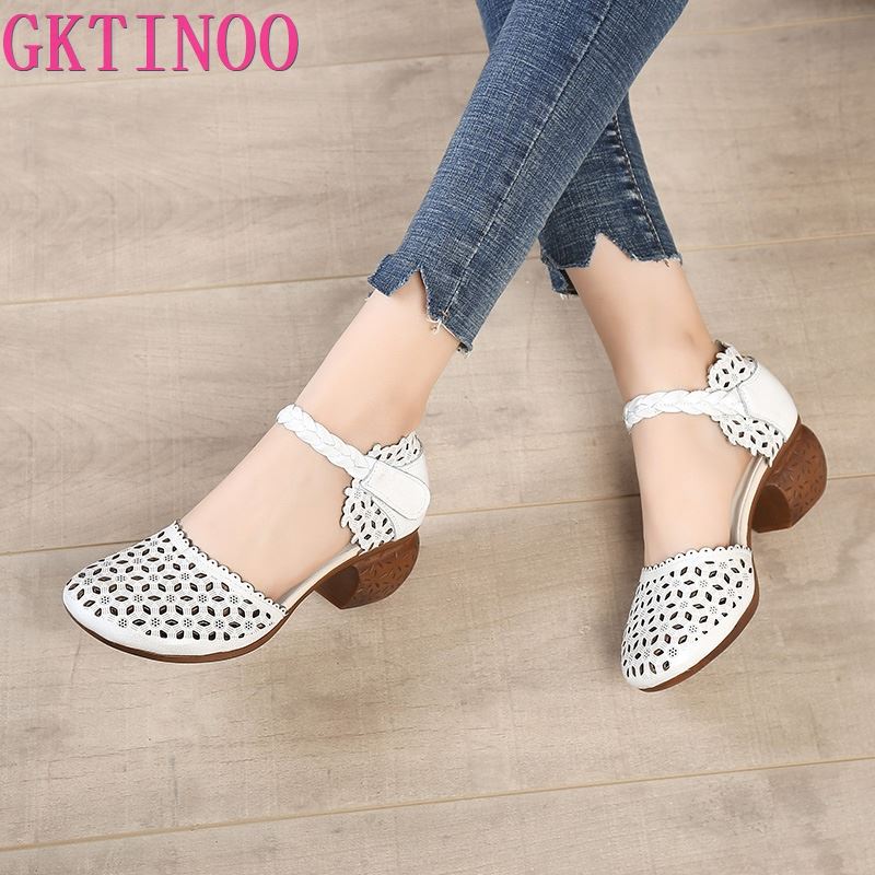 Fashion GKTINOO Genuine Leather Women Sandals Summer Shoes 5CM High Heels Retro Women Shoes 2025 Hollow Out Sandals