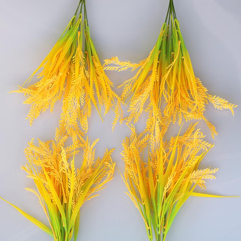 7 Forks Artificial Wheat Ears Rice Plant Bouquet Plastic Yellow Flower Wheat Ears Rice Plant Branch Non Water Needed Realistic