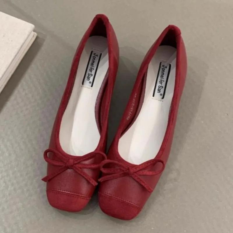 Fashion Women's Single Shoes Spring New Square Head Splicing Butterfly Knot Soft Sole Anti-slip Wear-resistant Low-top Shoes