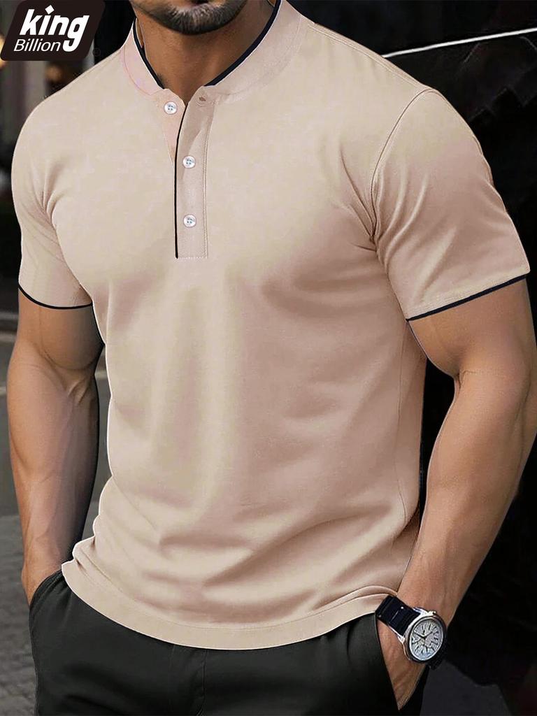 Men's Contrast Trim Henley Polo Shirt - Slim Fit Khaki Short Sleeve with Stand Collar & Button Placket, Casual Sporty Top