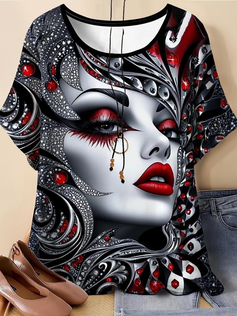 Vintage African Woman 3D Print T-Shirt for Women Retro Art Graphic Tee Casual Crew Neck Short Sleeve Summer Top Plus Size Tees