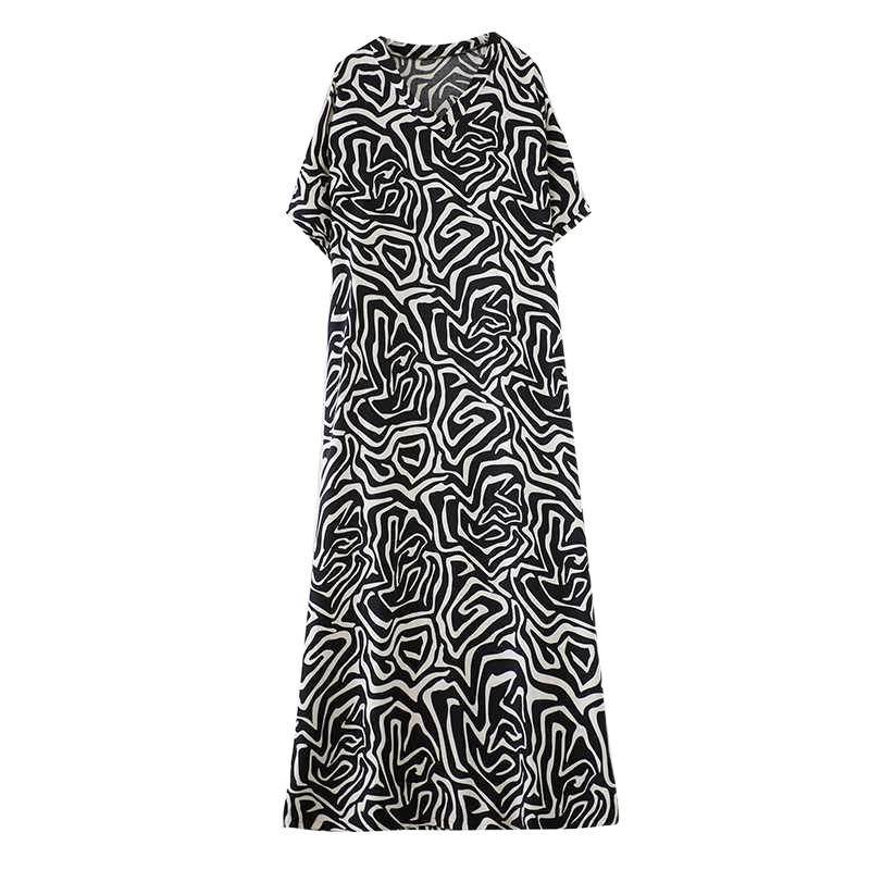 Summer New Literary and Retro V-neck Short Sleeves, Women's Large Size Casual Vacation Loose Cotton and Linen Dress Women