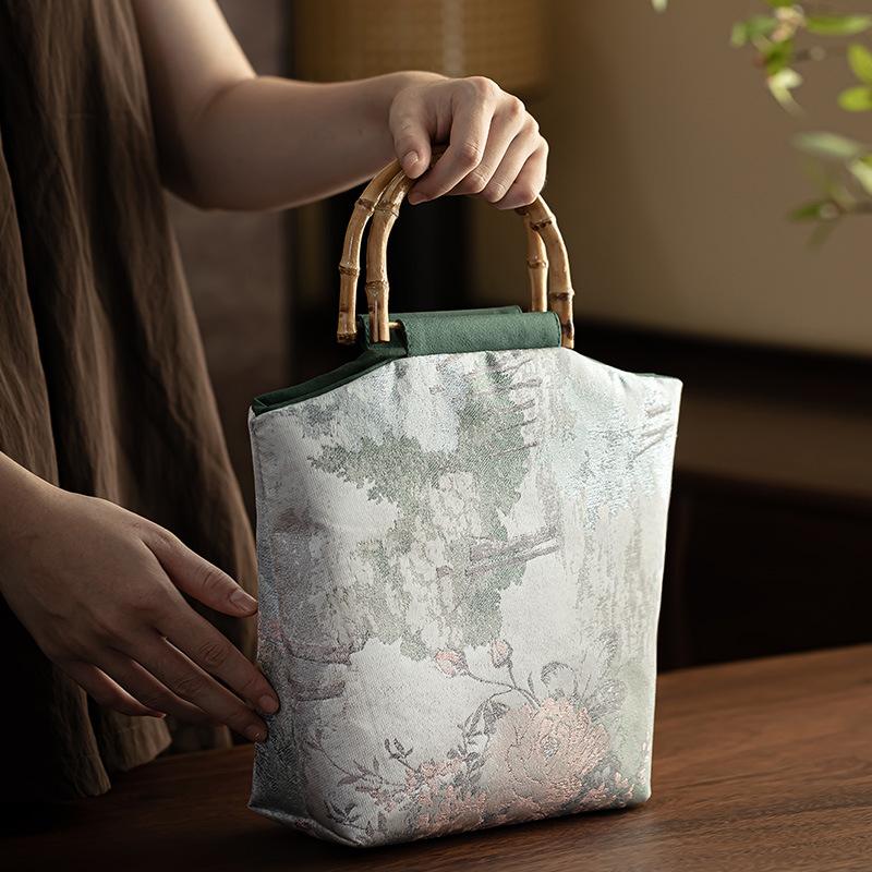 

Artistic Retro Bag, Fabric Embroidery Jacquard, Chinese Circular Ring, Large Capacity Handbag, Chinese Style Bamboo Knot Cheongsam, Versatile pink green [bamboo handle + zipper]
