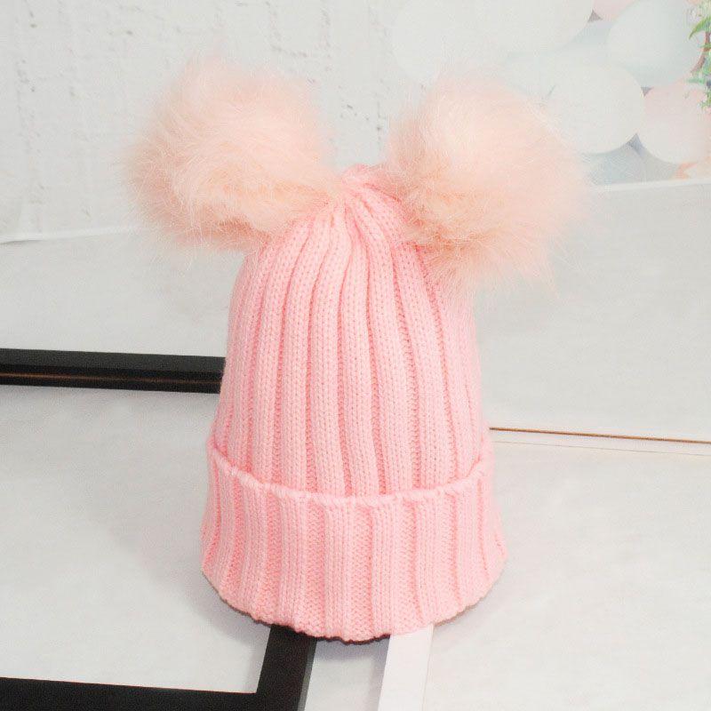 

Ladies Winter Women Knitted Beanie Hat With Fluffy Double Fur Bobble Pom Ski Cap розовый
