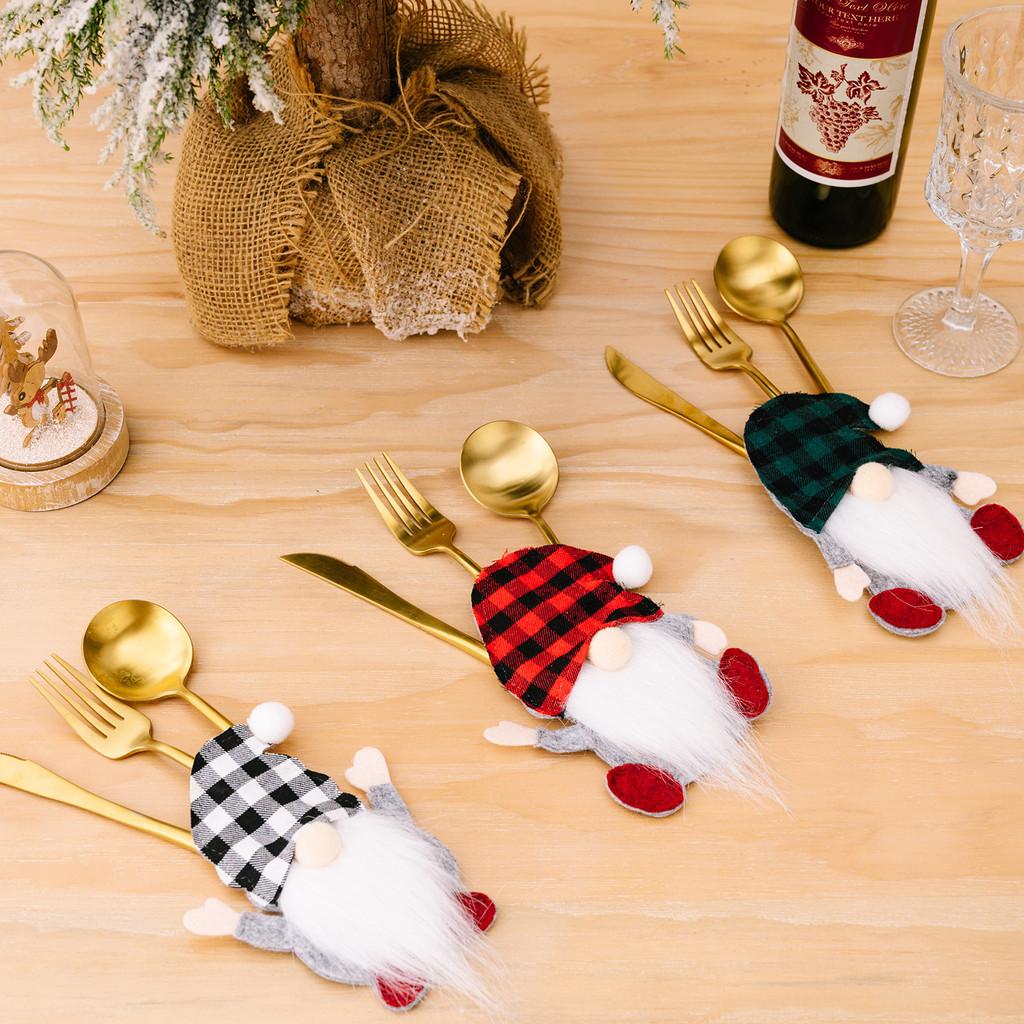 Festive Checkered Hat Gnome Tabletop Ornament With Cutlery Holder Holidays For
