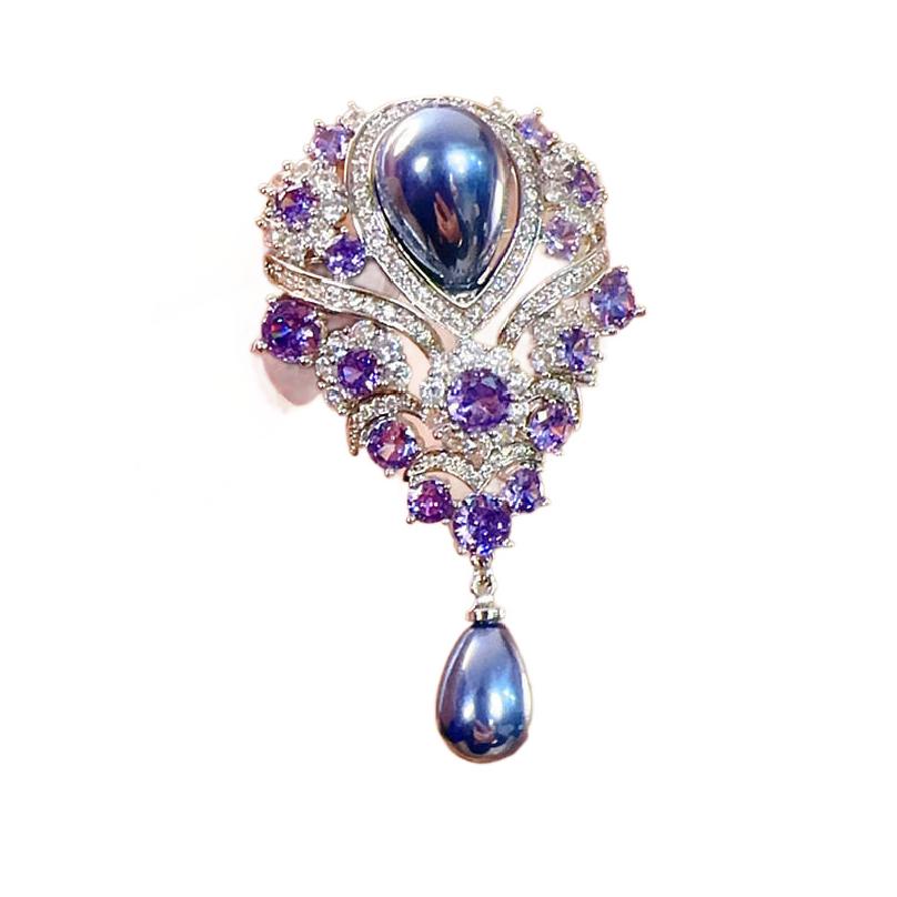 Retro Blue Crystal Big Waterdrop Pendant Brooch for Women Full of Rhinestone Brooch Pin Clothing Accessories Vintage Brooch