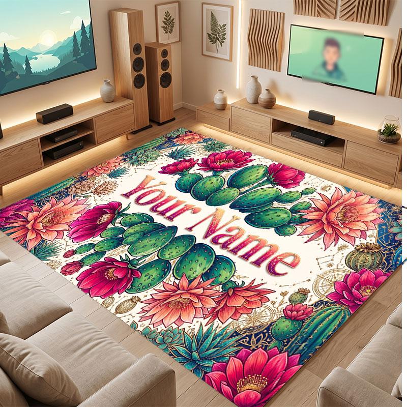 Floral Garden Theme Crystal Velvet Floor Rug Personalized Custom Name Text Warm Carpet Home Decoration