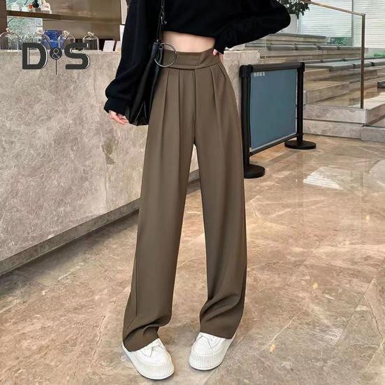 Women Suit Pants Straight Wide Leg Loose High Waist Solid Color Formal OL Commute Full Length Fasten Tape Adjustable Waist Lady Formal Trousers