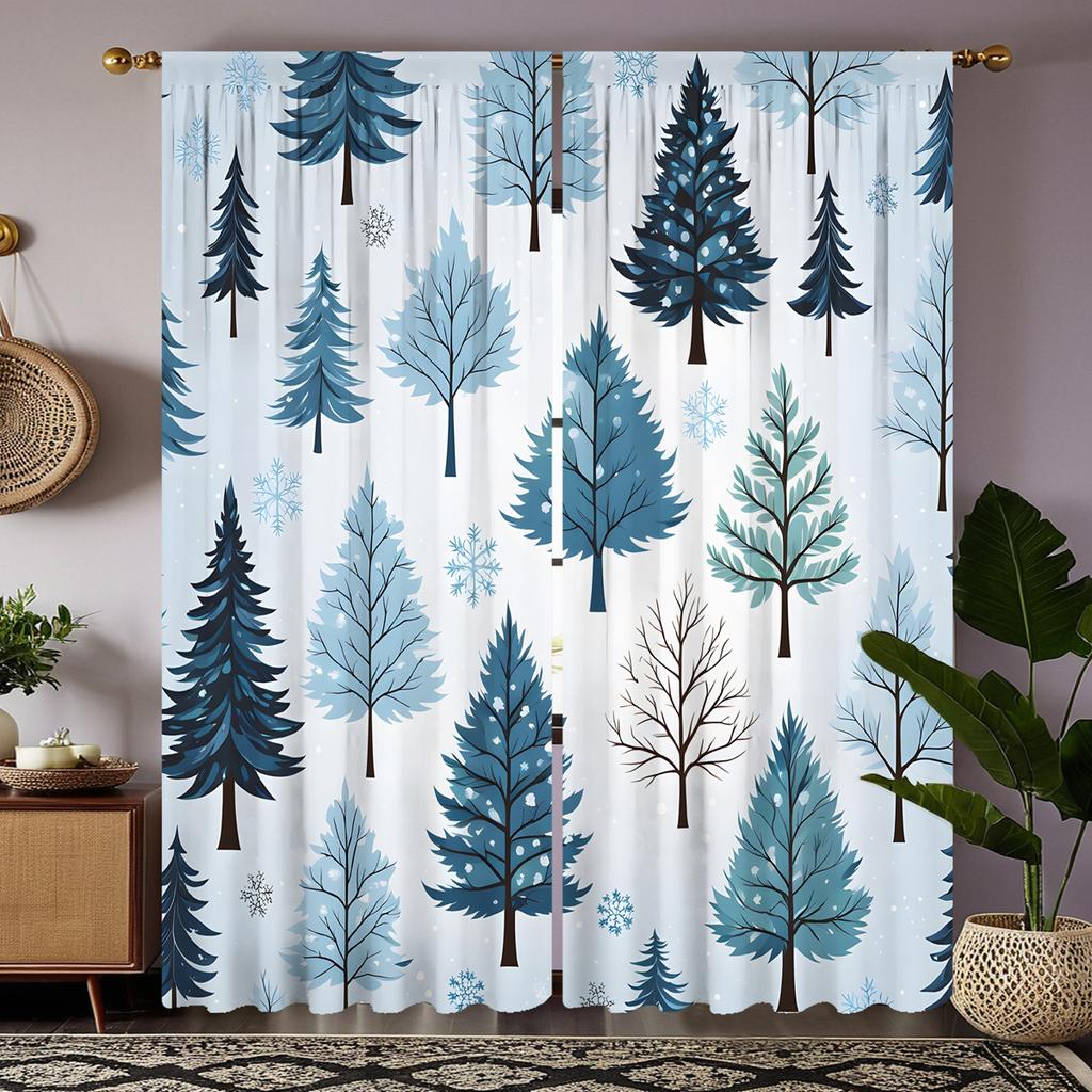 2ks sada HD Vánoční Borovice Sněhová vločka dekorativní závěs Modrá stuha digitálně potištěný závěs Domácí dekorace styl Zdobený livi