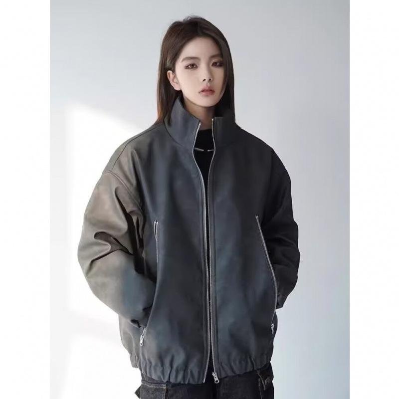 Unisex Distressed PU Leather and Cotton Retro Jacket - Women's 2024 Quilted Winter Coat