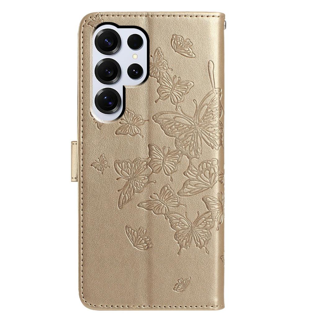 Für Samsung Galaxy S25 Ultra Hülle Schmetterling geprägt Brieftasche Ständer PU Leder Klapphandyhülle mit Riemen