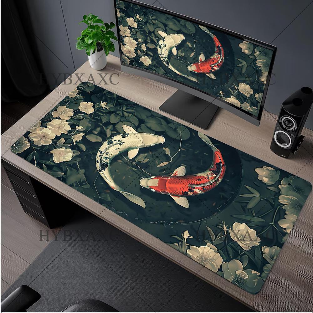 Japanese Desk Mat Black  White Mouse Pad Koi Fish Japan Art Seal Yinyang Fish Large XL Gaming Deskmat Rubber Mousepad X