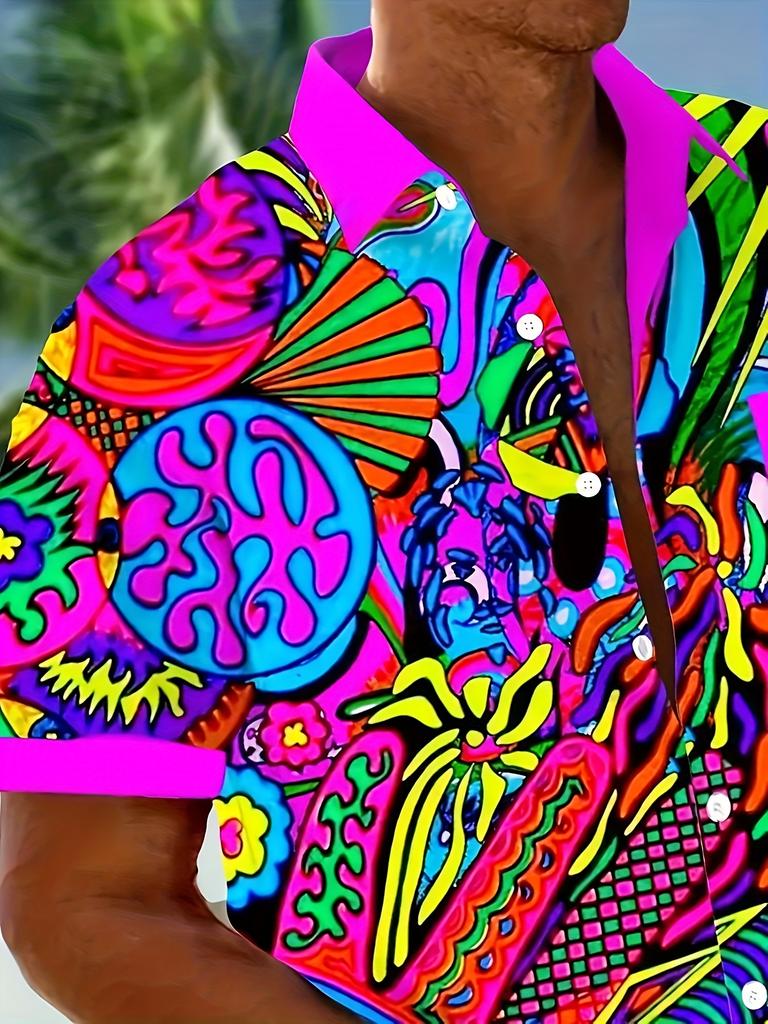 [Printed Design-Not Texture] Men'S Short Sleeve Shirt, Abstract Art, Retro Style, Polyester Material, Slim Fit, Button-Front, Pocket Design, Summer