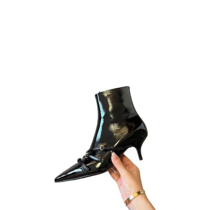 Fashion New fashionable patent leather women's boots slim fit pointed buckle European high heels ankle boots