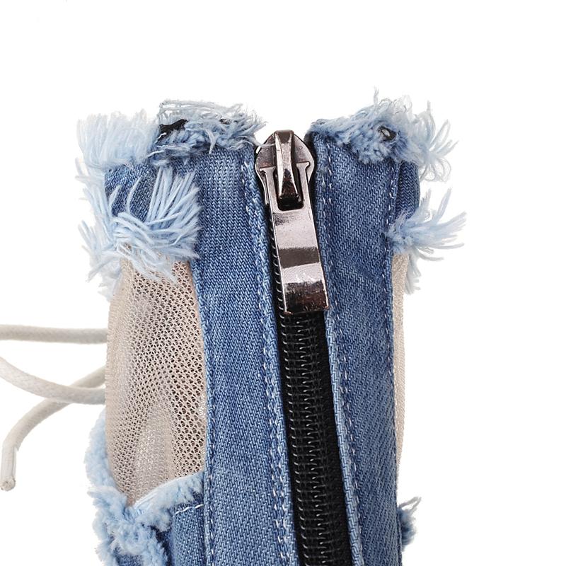 Fashion Women's New European and American Denim Mesh Spring/Summer Lace Lace Lace High Heel Size Open Toe Fish Mouth Cool Boots