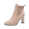 Women's Suede Round Toe Chunky Heel High-Heeled Ankle Boots, Elastic Sock, Nude, British Style.