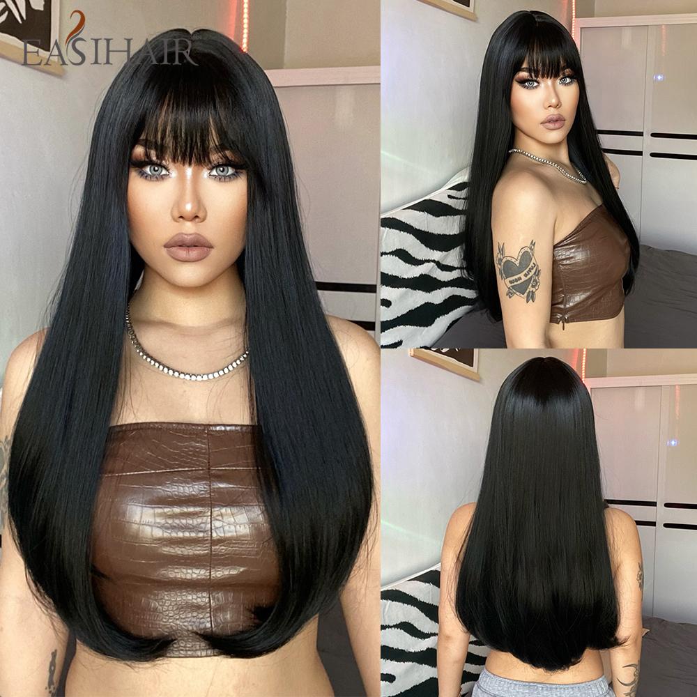 Synthetic Layered Wig Long Rose Gold Straight Wigs with Bangs Blonde Cosplay Party Natural Hair Wigs for Women Heat Resistant
