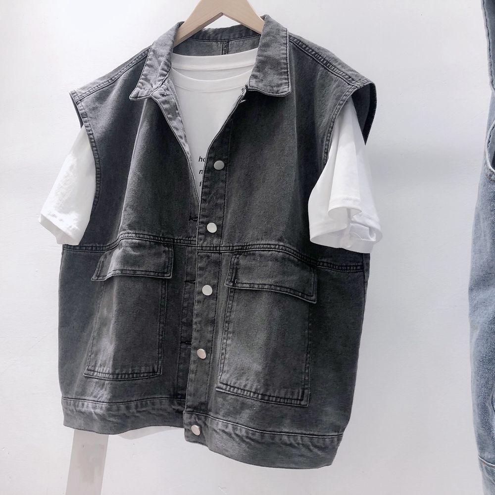 Giacca di Jeans Gilet Gilet Retro Primavera e Autunno Donna Senza Maniche Casual Versatile Capo d'Abbigliamento Esterno Top Cargo in Denim
