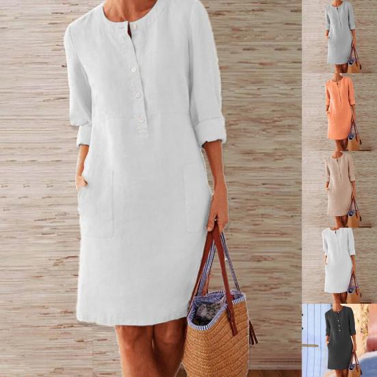 Women Dress Solid Color Pockets Summer Round Neck Long Sleeve Buttons Dress for Dating