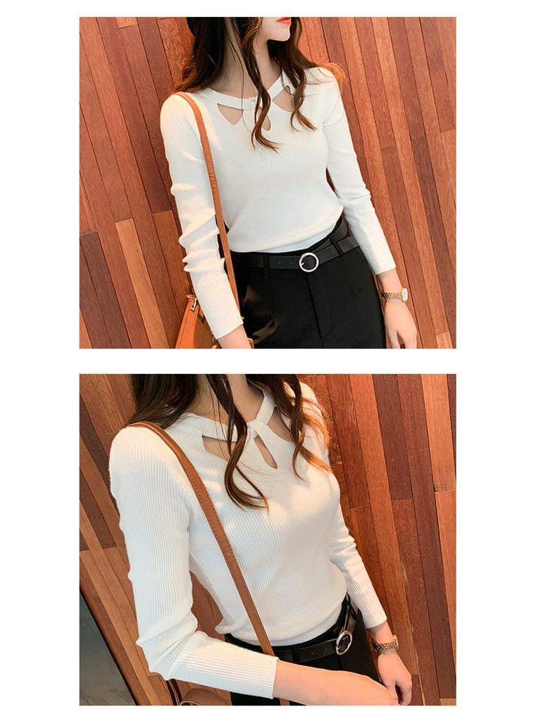 Autumn Cutout Halter Neck Knitted Pullover - Women's Slimming Long Sleeve Sweater