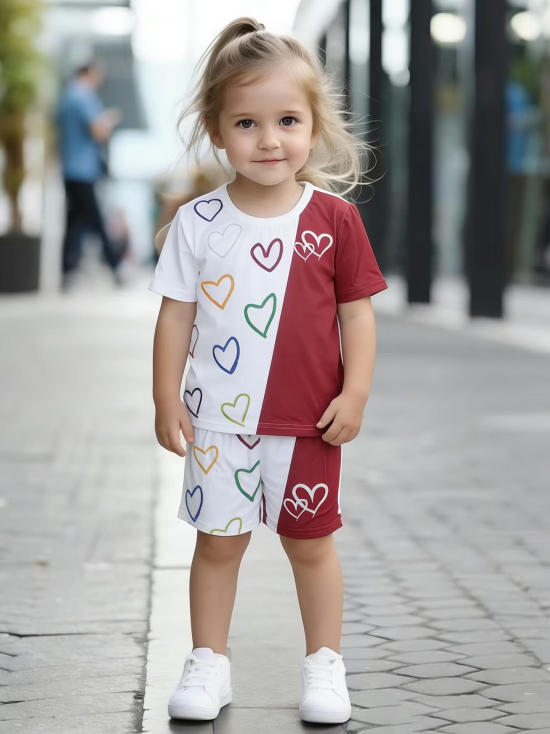 

Toddler Girls Cute Heart Print Color Block 2-Piece Outfit, Summer Casual Clothes for Kids, Perfect for Playwear & Outdoor 5-6Y червоний