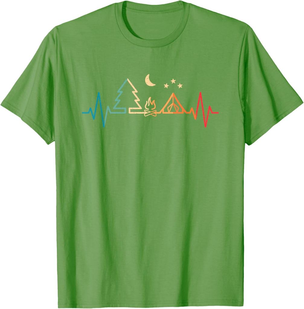 Retro Camping Heartbeat Nature Camper Hiking Men Boys TShirt