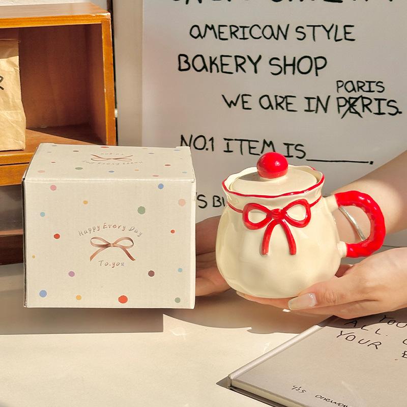 High-value Bow Ceramic Mug, New Couple Water Cup, Office Breakfast Cup, Female Birthday Gift