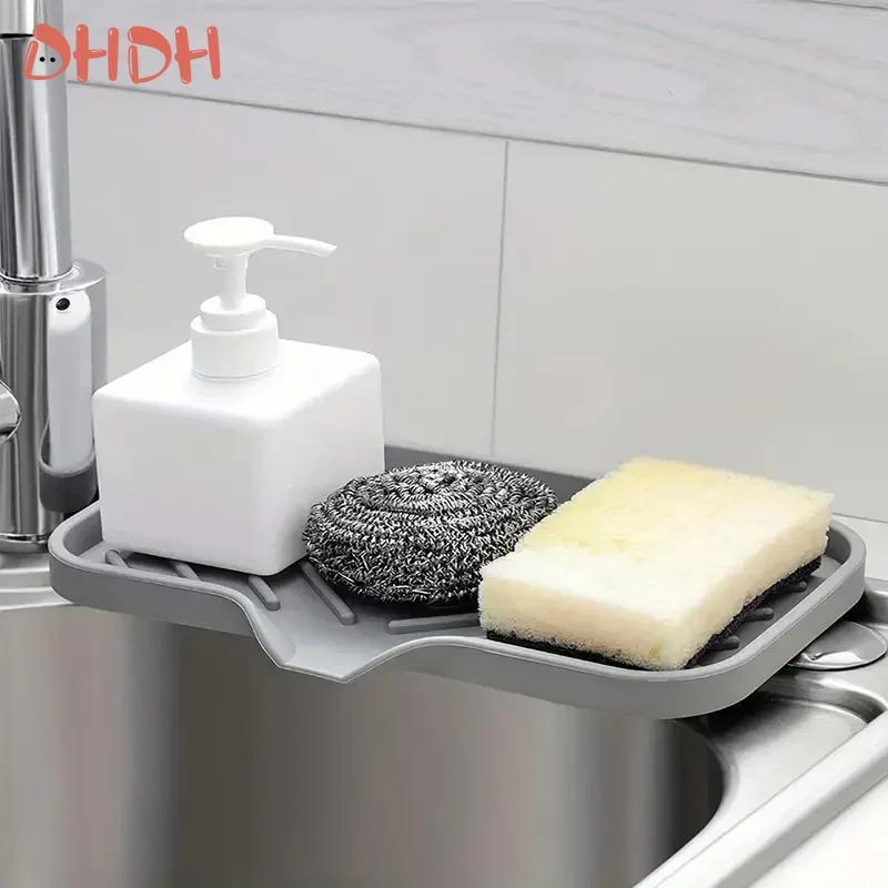 Sink Silicone Tray with Drain Soap Sponge Storage Holder Countertop Sink Scrubber Brush Soap Storage Rack Kitchen Organizer