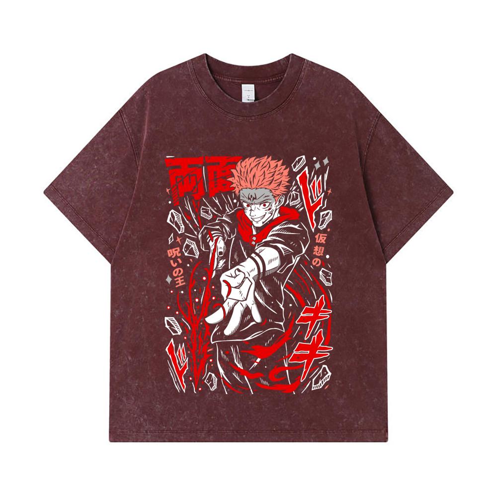 275 GSM Washed T-shirts 100% Cotton Jujutsu Kaisen V31 Sukuna Print Unisex Heavy Cotton T Shirt