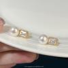 8.5-9mm Natural Pearl Stud Earrings Square Zircon S925 Silver Needle Elegant Jewelry Accessory