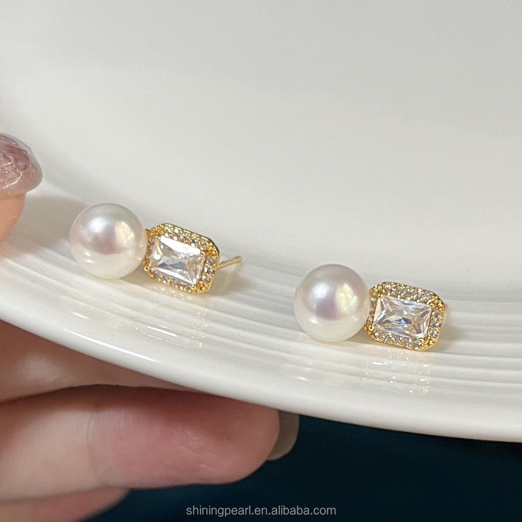 8.5-9mm Natural Pearl Stud Earrings Square Zircon S925 Silver Needle Elegant Jewelry Accessory