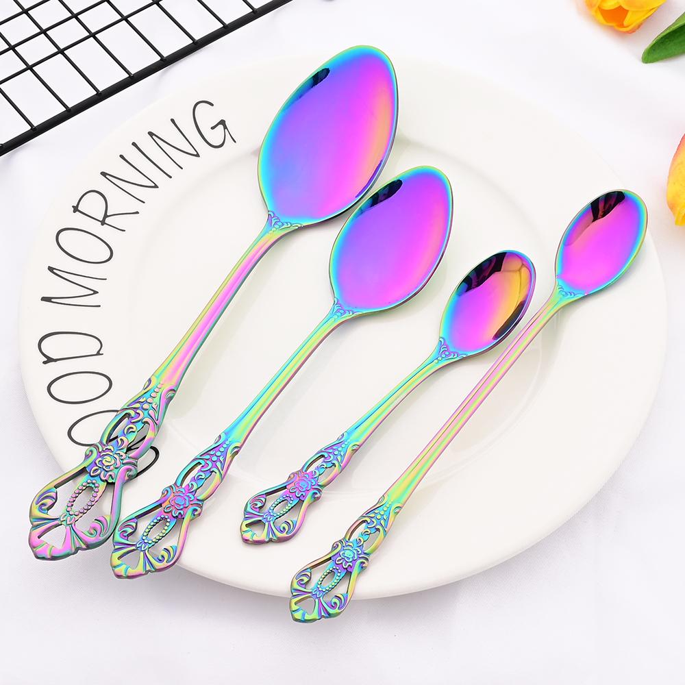 Luxury Rainbow Western Dinnerware Stainless Steel Cutlery Set Steak Knife Dessert Fork Coffee Spoon Ice Spoon Tableware Set