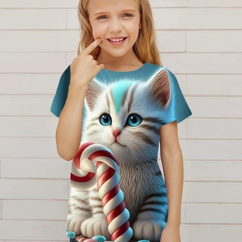 Children's Clothing Cute 3D Cat Graphic Print Short Sleeve Tops Kids Clothes T-Shirt Casual Pullover Child Boys Girls Summer