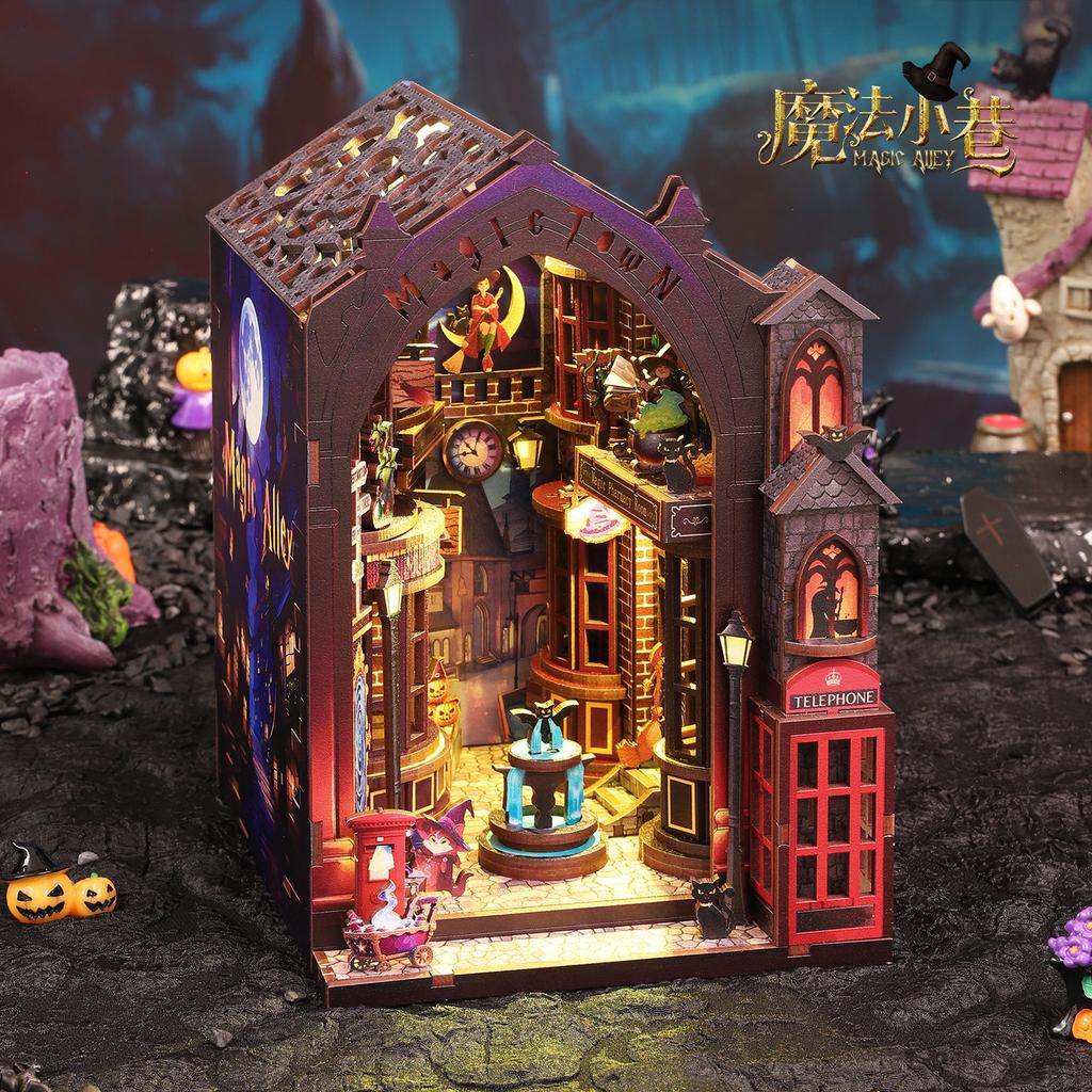 Jiate DIY Miniature House Magic Alley 3D Puzzle Book Nook Kit Model Building Birthday Gift