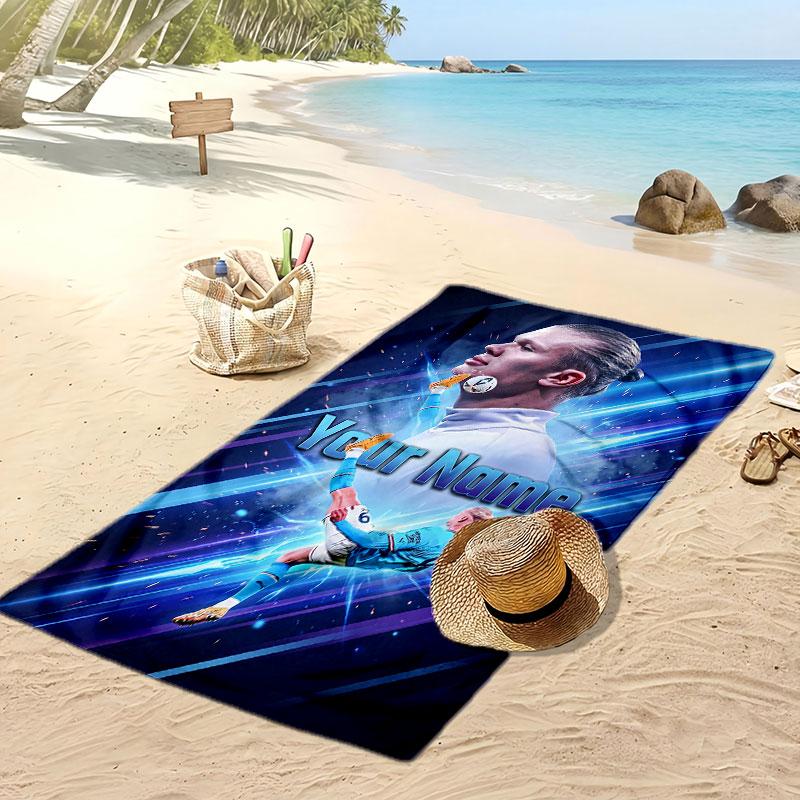 Asciugamano da Spiaggia Personalizzato Stampato Erling Haaland Logo Calcio Supporto Nome Personalizzato Testo Asciugamano Assorbente Per Sport Viaggio Regalo Speciale