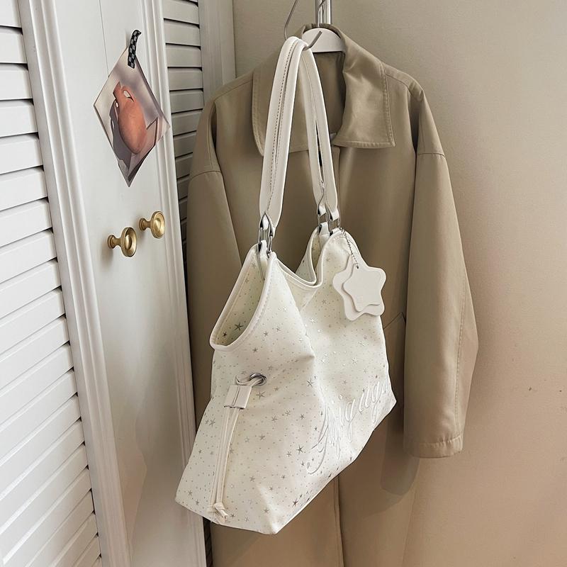 Star Print Tote Bag for Women Fashion Handbag with Star Charm Drawstring Detail