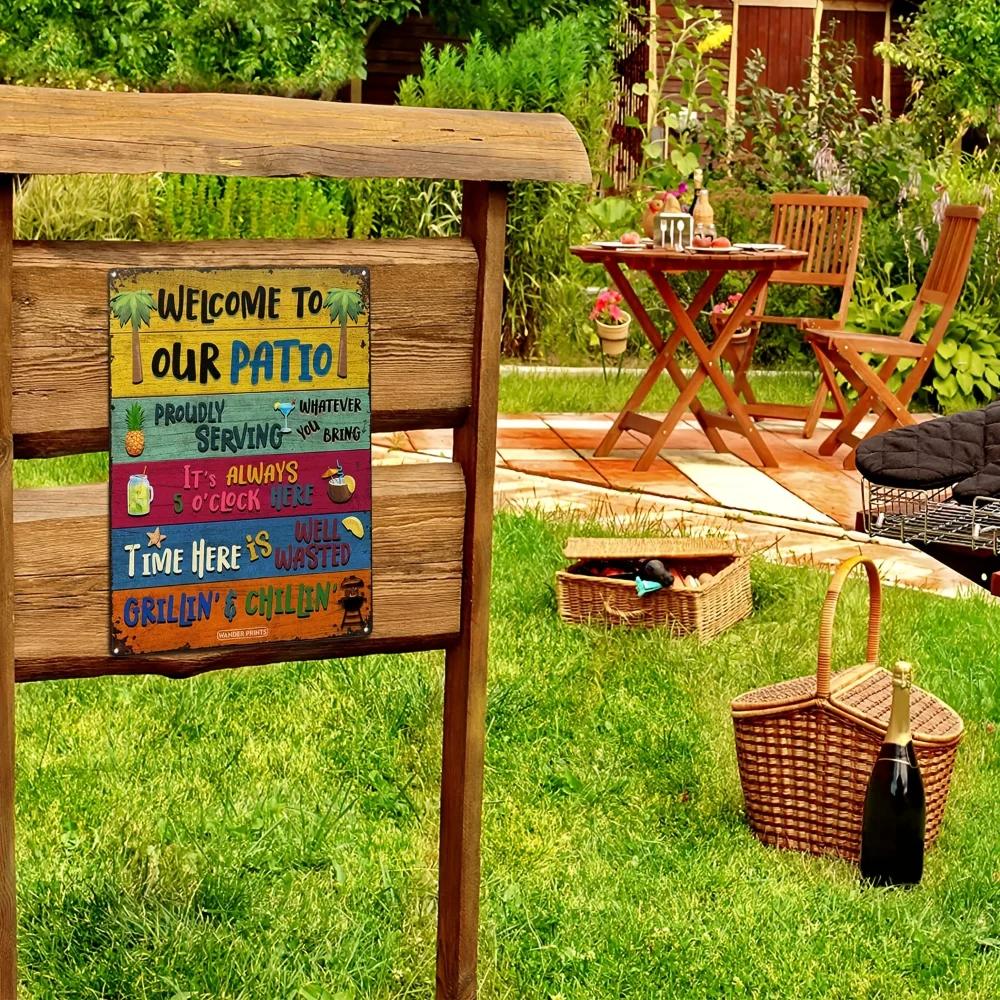 "Welcome To Our Patio" - Colorful, Rustic Decor for Backyard & Poolside Bar - Features Funny Summer Phrases with Icons