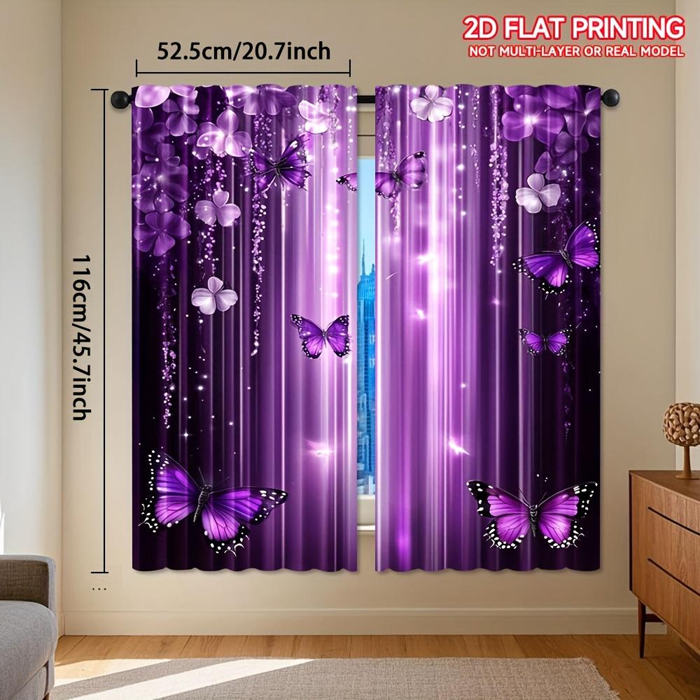 2pcs Purple Butterfly and Floral Print Curtains – Ideal for Artistic Decoration In Bedroom Living Room and Office