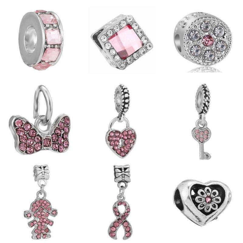 New Silver Plated Pink Diamond Butterfly Alloy Large Hole Charm Beads For DIY Bracelet Necklace Jewelry Accessories Gift