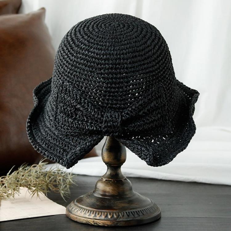 100% Raffia Bow Sun Hat Wide Brim Floppy Hats Women Beach Panama Straw Dome Bucket Hat
