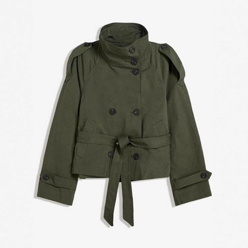 Vintage European American Turn Down Collar Double Breasted Belted Long Sleeve Cropped Trench Coat For Women
