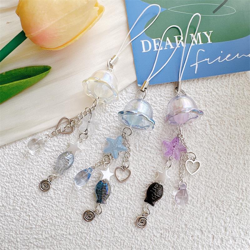 Cute Sweet Glass Starfish Fish Wind Chime Mobile Phone Chain Lanyard Keychain Pendants Backpack Keyring Bag Hang Ornaments Gifts