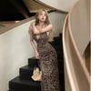 Retro Leopard Print Swinging Collar Suspender Dress Women's Clothing Summer Slim-fit Spice Girl Long Dress Showing Figure and Waist A-word Skirt