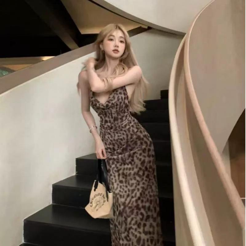 Retro Leopard Print Swinging Collar Suspender Dress Women's Clothing Summer Slim-fit Spice Girl Long Dress Showing Figure and Waist A-word Skirt
