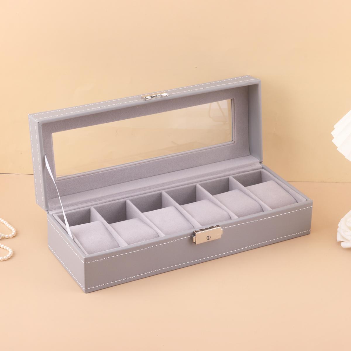 

Органайзер для часов, ящики для хранения дорожных часов, футляр из искусственной кожи со стеклом, многоцелевой ящик для хранения часов и ювелирных изделий серый