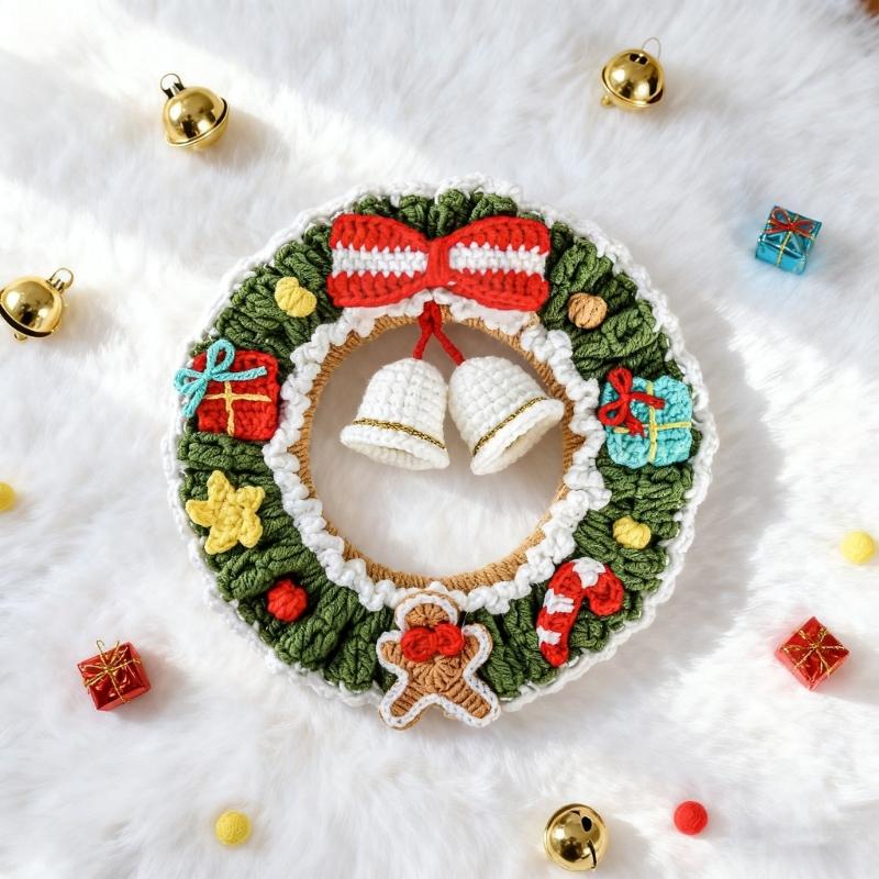 Christmas Holiday Crochet Wreath Feature Bells Handcrafted Durable Yarn Ornament For Indoor Outdoors Seasonal Decors
